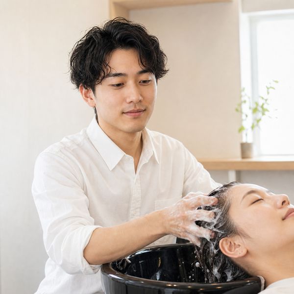 向井湊がお客様の髪をシャンプーしている様子